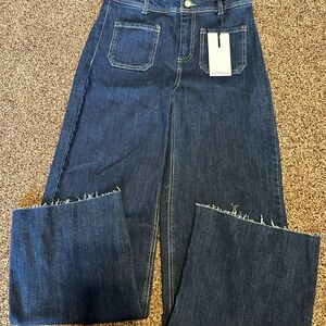 Oat New York Dark Blue Wide-Leg High-Rise Jeans with Frayed Hem